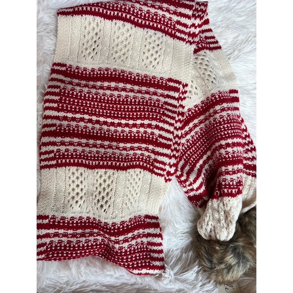 Noelle Knit Scarf OS Red Cream Striped Nordic Alpine Pointelle Faux Fur Pom Poms